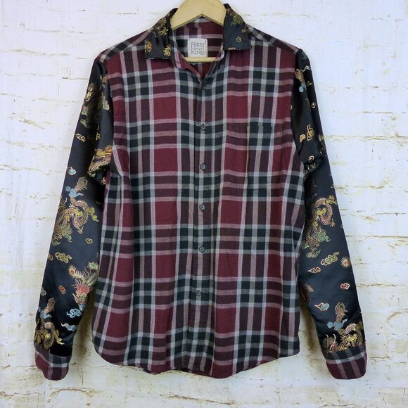 Furst of A Kind Shirt L/XL Plaid Flannel Dragon Satin Sleeves Mixed Media Button - Picture 2 of 15